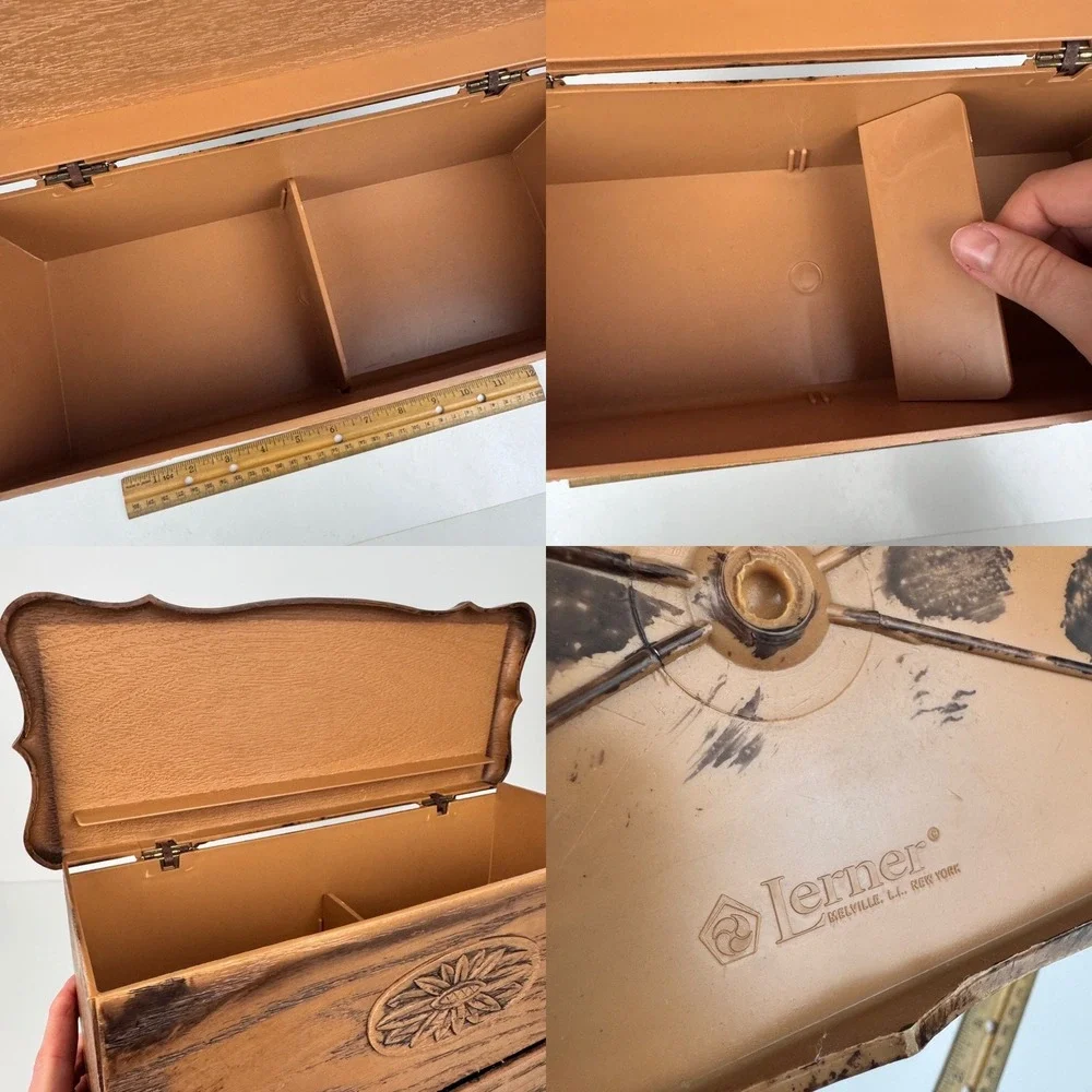 Vtg Plastic Lerner Tabletop Drawer‎ Storage Box Faux Fake Wood Grain Brown Tan
